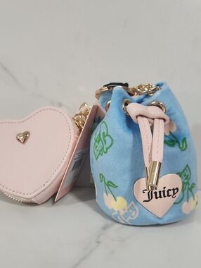 Juicy Couture Blue Retro Velvet Mini Micro Drawstring Bag with Pink Heart Accent
